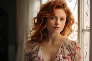 AI generated Portrait of sensual young red haired woman with long ginger curly hair at the window. photo