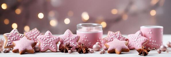 AI generated Pink Christmas banner with gingerbread cookies with pink icing and pink candles. Bokeh lights in background. Copy space photo