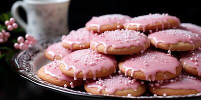 AI generated Pink gingerbread cookies with runny pink frosting on a silver plate on black background. Copy space photo