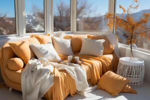Cozy orange sofa with pillows and blankets and a vase by the window with a mountain view. Copy spce photo