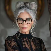 AI generated A poised woman with stylish gray hair and round glasses poses in elegant black lace attire. confident and fashionable, chic sophistication, high-fashion or lifestyle content. photo