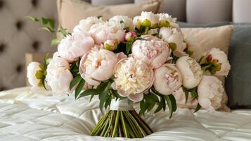 ai generado florero de flores en hotel habitación mesa foto