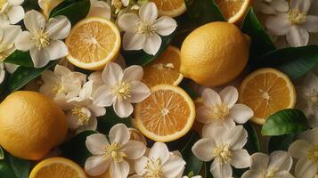 ai generado grupo de naranjas con flores y hojas foto