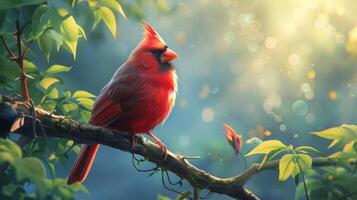 AI generated Red Bird Perched on Tree Branch photo