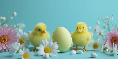 ai generado gemelo Pascua de Resurrección amarillo polluelos flanco un central huevo en contra un azul fondo, acentuado con margaritas y rosado flores, un linda y adorable primavera tema. foto