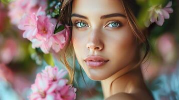 AI generated Young Woman With Blue Eyes and Pink Flowers photo