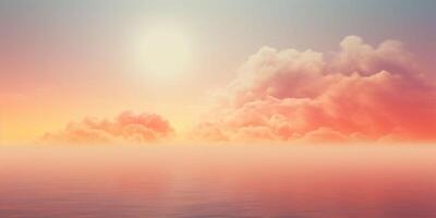 AI generated A banner with a beautiful peach fuzz color shy with giant clouds and water. Fogy sea and sun beauty. Copy space photo