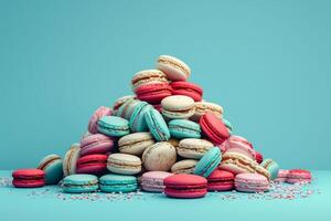 AI generated A pile of multicolor pastel macarons on a vibrant blue background. This visually pleasing arrangement is ideal for patisserie promotions and culinary art presentations. photo