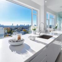 AI generated A stylish white kitchen design with a large marble island with vases with flowers, cups and decors and big window overlooking the city. Copy space. photo