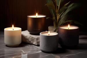 AI generated Three scented candles in neutral tones emit a warm glow, set against a dark, textured background, greenery, inviting a cozy, peaceful ambiance, spa day or minimalistic home decors. photo