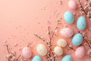 AI generated Banner of pastel peach fuzz colour colored Easter eggs cradled by blooming branches against a soft peach background. Idea for minimalist spring themed decor and Easter celebrations photo