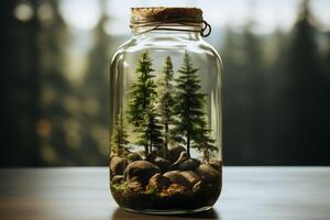 A small forest in glass jar. Global Ecology and deforestation concepts. Saving forests. Copy space. photo