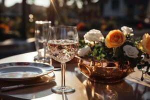 AI generated Elegant date table for two with white plates, vine glasses, cooper bucket with white and orange roses on a bronze color surface and a blurred garden in the background. Copy space. photo