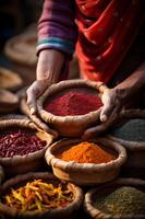 AI generated Tray with bowls of colourful spice harvest in hands in India or Mexica photo