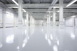 AI generated Versatile white warehouse, empty warehouse space, offering endless possibilities for different concepts for cargo transportation and storage in a clean environment with copy space photo