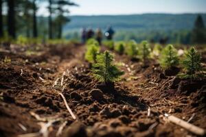 AI generated A fir tree plantation, Christmas. Furrows with evenly spaced fir seedlings in black pots. Copy space. photo