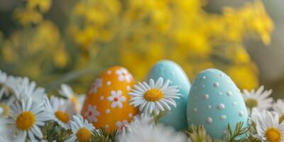 AI generated Decorated Easter eggs nestled among white daisies, with a vibrant yellow floral backdrop. A celebration of Easter and spring in a soft-focus setting. photo