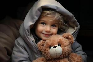 ai generado un niño con un radiante sonrisa, ajustado en un encapuchado abrigo, garras un osito de peluche oso, sugerencia Respetuoso del medio ambiente y hecho a mano juguetes temas de inocencia, comodidad, y sostenible infancia jugar. foto