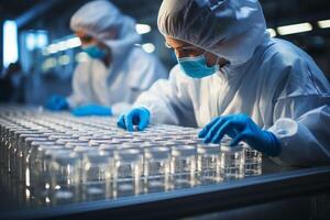 ai generado laboratorio técnico con cara mascaras y guantes foto