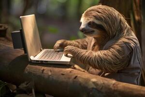 AI generated Inefficient Sloth working laptop slow. Generate Ai photo