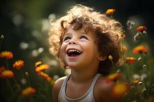 ai generado inocente sonriente niño naturaleza retrato. generar ai foto