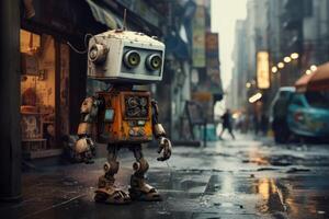 AI generated Eye-catching Robot character on street. Generate Ai photo