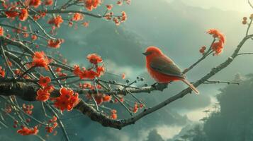 ai generado rojo pájaro encaramado en árbol rama foto