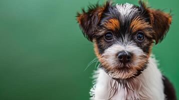 ai generado pequeño marrón y blanco perro en pie por verde pared foto