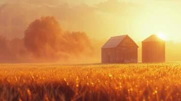 AI generated Two Silos in Wheat Field Under Cloudy Blue Sky photo