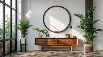 AI generated Modern Living Room With Round Mirror photo