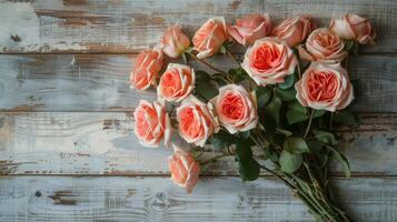 AI generated Pink Roses on White Wooden Background photo