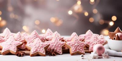 AI generated Pink Christmas banner with gingerbread cookies, pink icing decorations. Bokeh lights in background photo