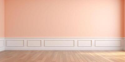 AI generated A banner with a peach fuzz color room with baroque stile walls with white lines and a beige wood floor. Copy space. Background for text. photo