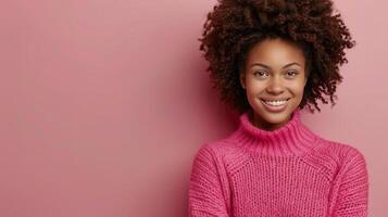 ai generado sonriente mujer en rosado suéter foto