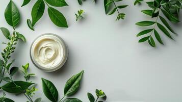 AI generated Jar of Cream Surrounded by Green Leaves photo