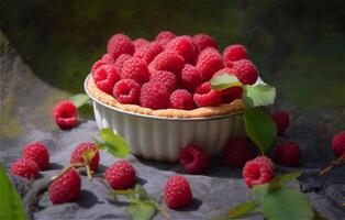 Raspberry tart with cream on rustic wooden table on green forest background photo