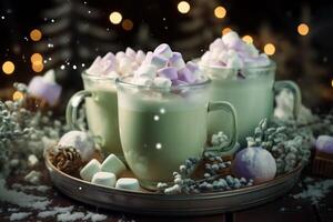 Glass mug of Christmas hot matcha with mini marshmallows. Copy space photo