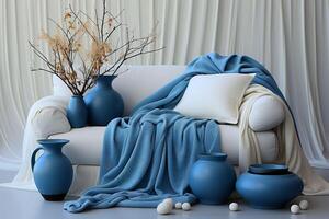 AI generated White interior, couch with blue blanket, pillow and vases photo