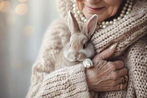 AI generated An elderly woman cradles a bunny against her chunky knit sweater, with a backdrop of soft bokeh lights. warmth and care, perfect for themes of companionship and gentle aging. photo