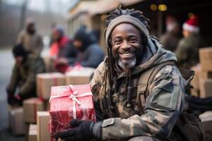 ai generado sonriente Vagabundo personas recibir caridad donaciones generativo ai foto