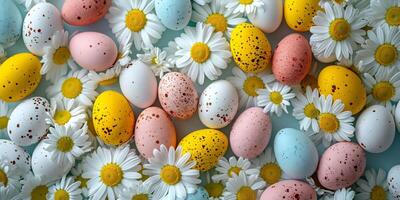 AI generated Assorted colorful speckled Easter eggs amid a bed of fresh white daisies, a vibrant expression of springtime joy. Perfect for holiday and floral concepts. photo