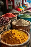 AI generated Beautiful Authentic bowls with colourful spice in market in India. Chilli, turmeric, herbs and spices in spice market. Asian or mexican food banners, advertisement. Copy space photo