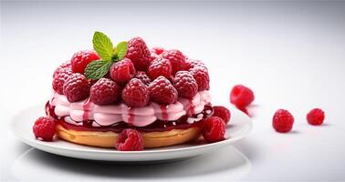 AI generated A banner with a delicious raspberry tart with cream and gem in a white plate with berries as a topping on white background. Copy space. photo