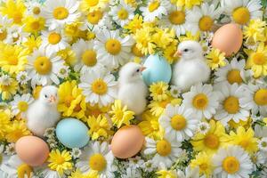 ai generado un Pascua de Resurrección fondo, vibrante formación de blanco y amarillo margaritas rodear Tres polluelos anidado entre marrón y azul huevos, evocar un sensación de primavera y nuevo principios. foto