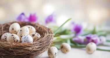 ai generado Pascua de Resurrección composición con codorniz huevos en un nido . foto