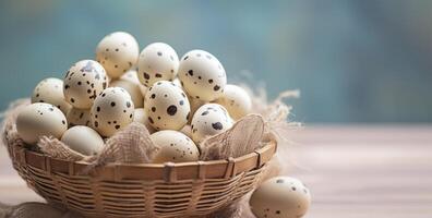 AI generated Quail eggs in a basket, Easter background, copy space. photo