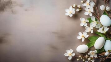 AI generated Easter background featuring eggs and spring flowers, top view. photo