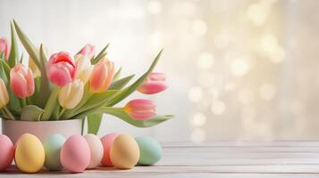 ai generado Pascua de Resurrección antecedentes con de colores huevos y tulipán en un ligero de madera mesa. foto