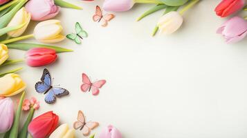 AI generated Colorful Spring Tulips and Butterflies. Flat Lay.. photo