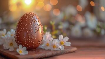 ai generado chocolate Pascua de Resurrección huevo en de madera mesa. Copiar espacio. foto